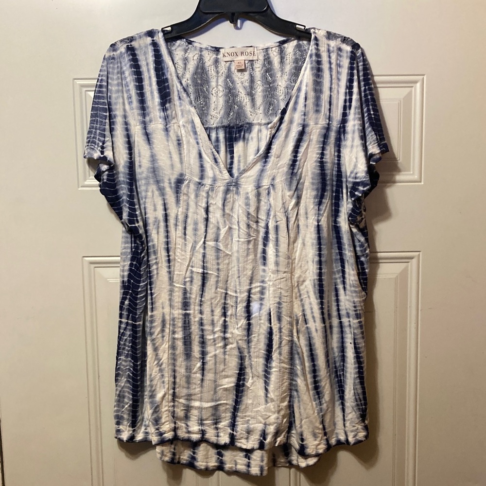 Knox Rose Navy and White Tie-Dye Blouse XL